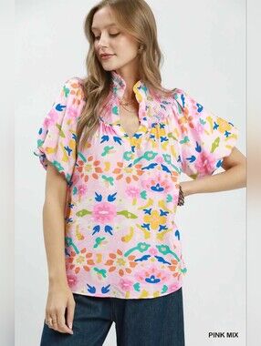 Umgee Folk Art Print Top with Smocked Detail